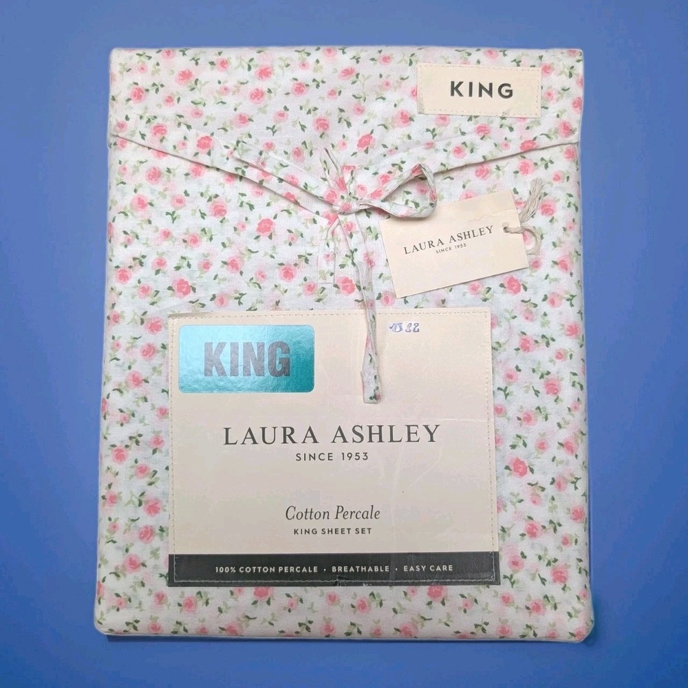 Laura Ashley King Sheet Set Bessie Floral 4pc Cottage Farmhouse Cotton Percale